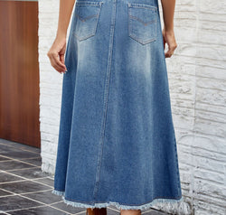 Raw Hem Buttoned Denim Skirt with Pockets