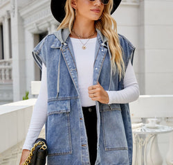 Hooded Sleeveless Denim Top with Pockets