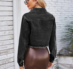 Raw Hem Denim Jacket with Pockets