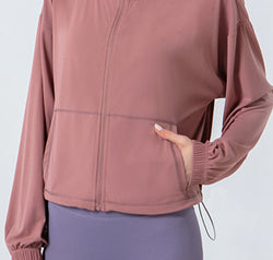 Drawstring Zip Up Dropped Shoulder Active Outerwear