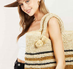 Fame Striped Straw Braided Tote Bag