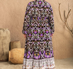 Plus Size V-Neck Balloon Sleeve Printed Midi Dress