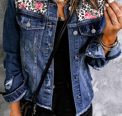 Mixed Print Distressed Button Front Denim Jacket