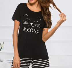 Graphic Round Neck Top and Striped Shorts Lounge Set