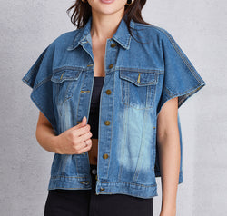 Pocketed Button Up Short Sleeve Denim Top