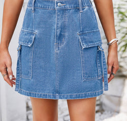 Pocketed Buttoned Denim Skirt