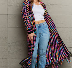 Multicolored Open Front Fringe Hem Cardigan