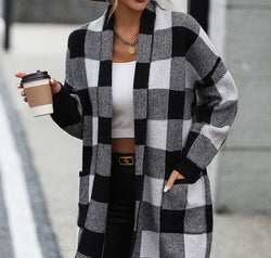 Plaid Dropped Shoulder Cardigan with Pocket