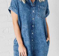 Raw Hem Pocketed Cap Sleeve Denim Dress