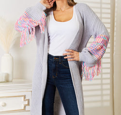 Woven Right Fringe Sleeve Dropped Shoulder Cardigan
