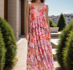 Tiered Printed V-Neck Sleeveless Dress