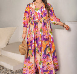 Plus Size Printed Tie Neck Maxi Dress