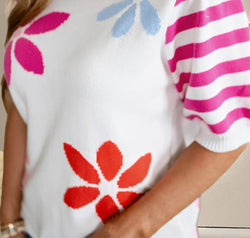 Flower Pattern Round Neck Half Sleeve Knit Top