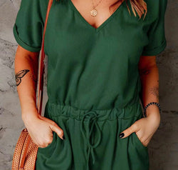 Full Size Drawstring V-Neck Short Sleeve Romper