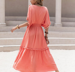 Tassel Trim Smocked V-Neck Short Sleeve Dress