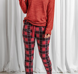Round Neck Top and Drawstring Plaid Pants Lounge Set