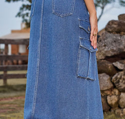 Slit Front Midi Denim Skirt with Pockets