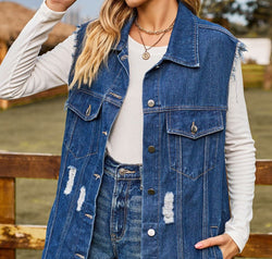 Sleeveless Button-Up Collared Denim Top with Pockets