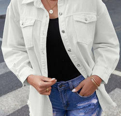 Button Up Pocketed Raw Hem Denim Jacket