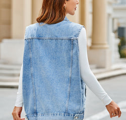Pocketed Button Up Sleeveless Denim Jacket