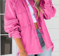 Button Down Raw Hem Denim Jacket