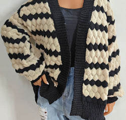 Striped Contrast Open Front Long Sleeve Cardigan