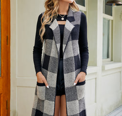 Plaid Open Front Sleeveless Cardigan with Pockets