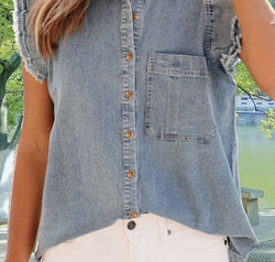 Raw Hem Button Up Cap Sleeve Denim Top