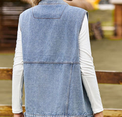 Sleeveless Collared Neck Denim Top with Pockets