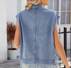 Pocketed Button Up Sleeveless Denim Jacket