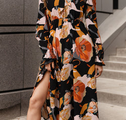 Printed Tie Neck Flounce Sleeve Dress