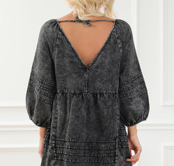 V-Neck Tie Back Mini Denim Dress