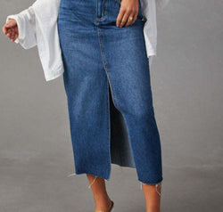 Slit Raw Hem Midi Denim Skirt