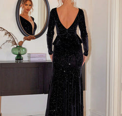 Ruffled Plunge Long Sleeve Dress