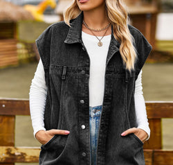 Button Up Collared Neck Sleeveless Denim Jacket