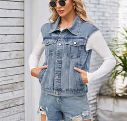 Button Up Cap Sleeve Denim Jacket