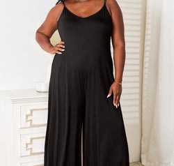 Double Take Full Size Soft Rayon Spaghetti Strap Tied Wide Leg Jumpsuit