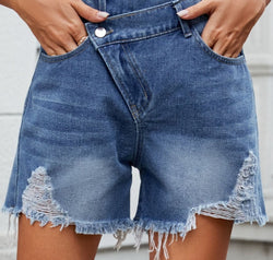 Distressed Raw Hem Asymmetric Waist Denim Shorts