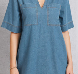 Pocketed Collared Neck Mini Denim Dress