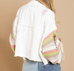 Distressed Striped Long Sleeve Denim Jacket