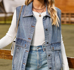 Sleeveless Collared Neck Denim Top with Pockets