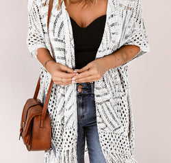 Openwork Open Front Cardigan with Fringes