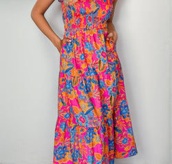 Printed V-Neck Cap Sleeve Pocketed Midi Dress