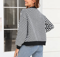 Button-Down Stripe & Plaid Contrast Pattern Cardigan