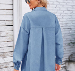 Pocketed Snap Down Dropped Shoulder Denim Shacket