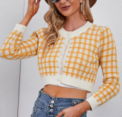 Plaid Buttoned Cropped Cardigan