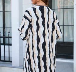 Printed Open Front Pocketed Cardigan