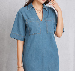 Pocketed Collared Neck Mini Denim Dress