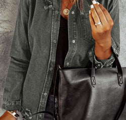 Distressed Raw Hem Snap Down Denim Jacket