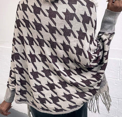 Houndstooth Fringe Hem Poncho